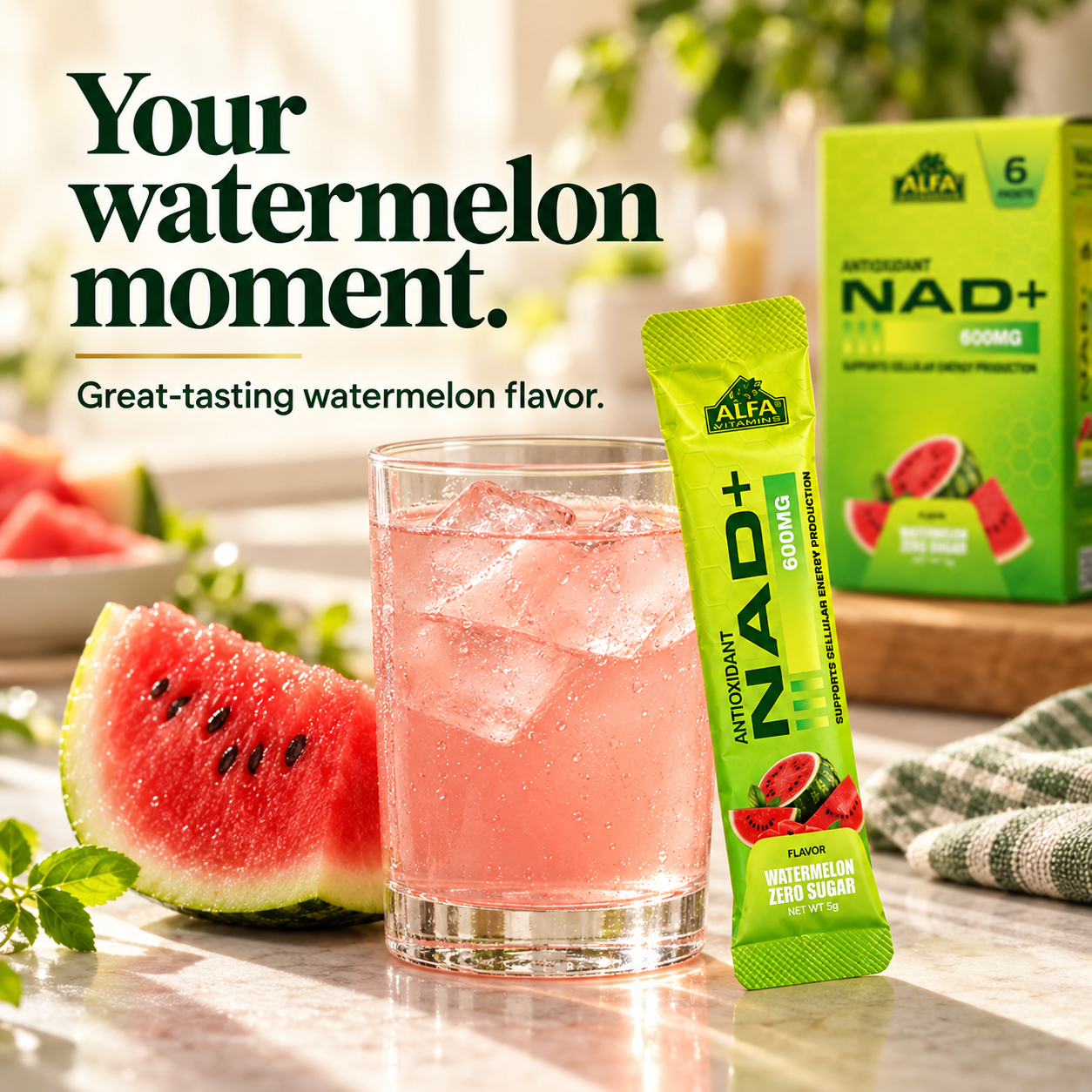 Watermelon-flavored NAD+ drink mix with a sachet and watermelon