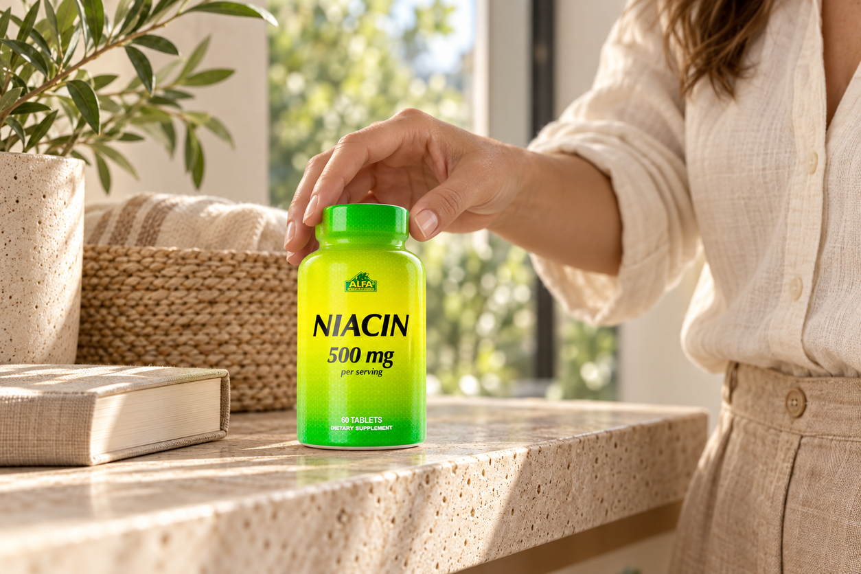 An adult hand with Niacin 500 mg - 60 tablets beside everyday belongings.