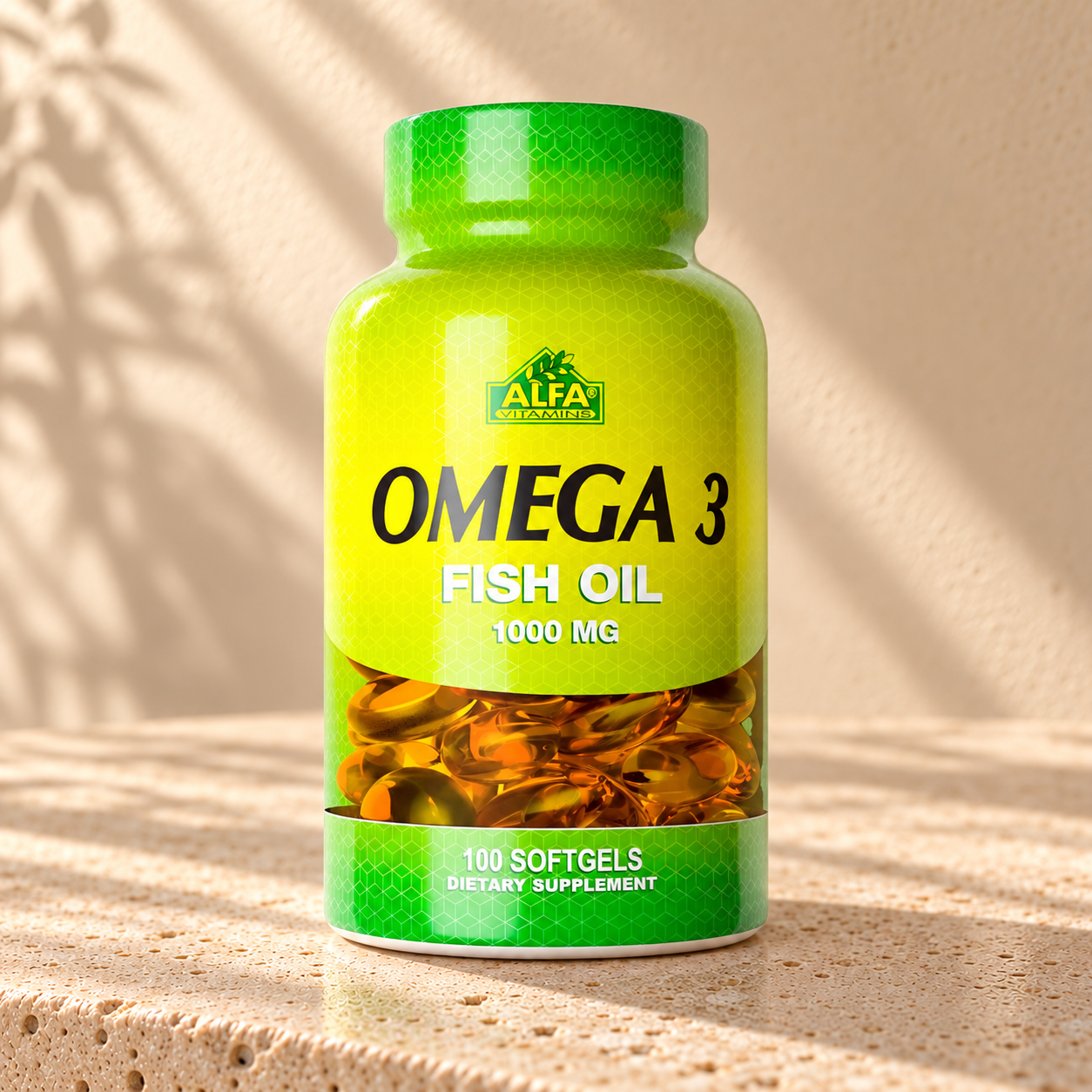 Alfa Vitamins Omega 3 Fish Oil 1000 mg,100-softgel option on warm stone.