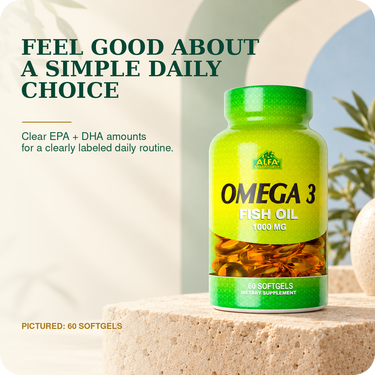 Omega 3 Fish Oil 1000 mg, pictured 60-softgel bottle, for a clearly labeled daily routine.