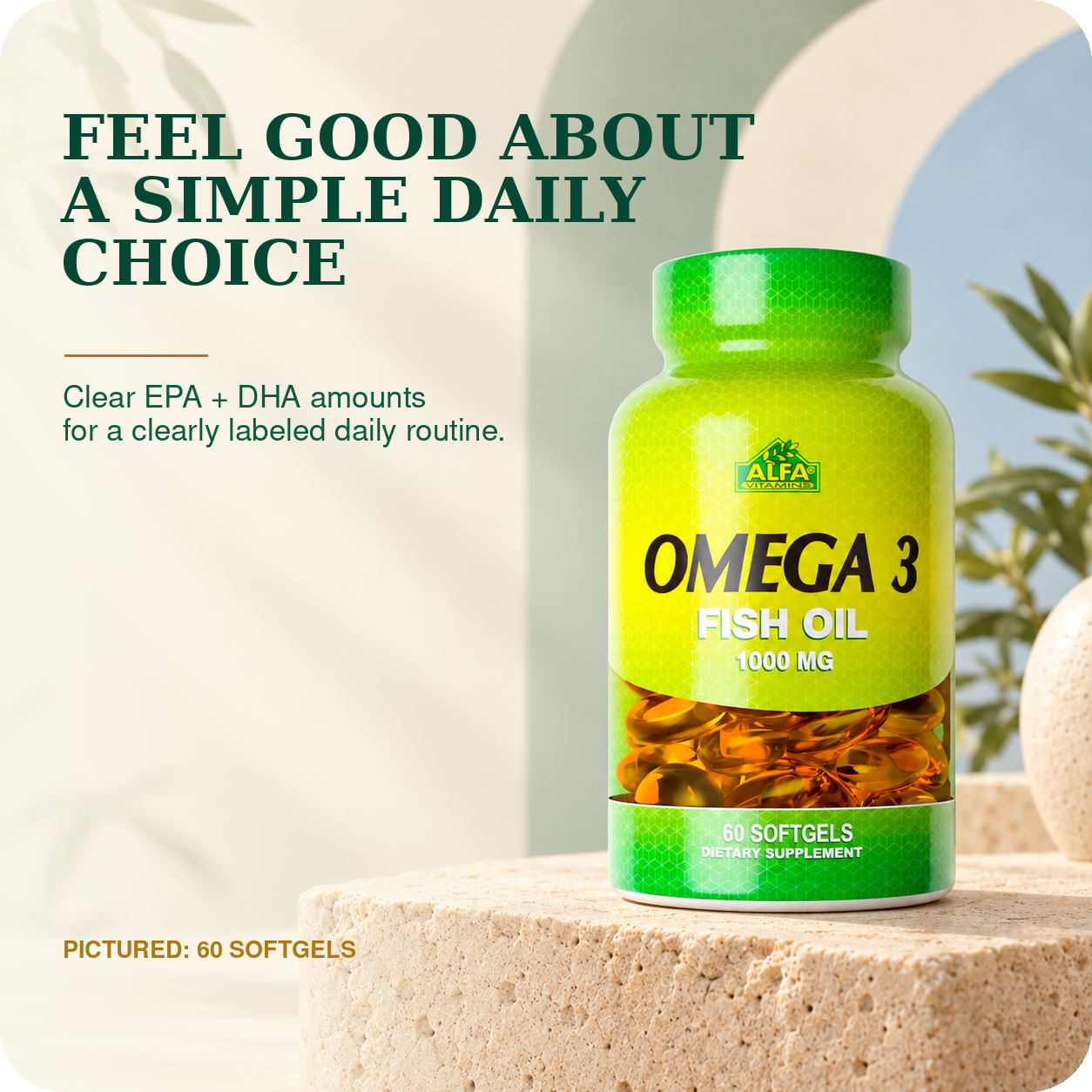 Omega 3 Fish Oil 1000 mg, pictured 60-softgel bottle, for a clearly labeled daily routine.
