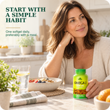 Woman with pictured 60-softgel Alfa Vitamins Omega 3 bottle at breakfast.