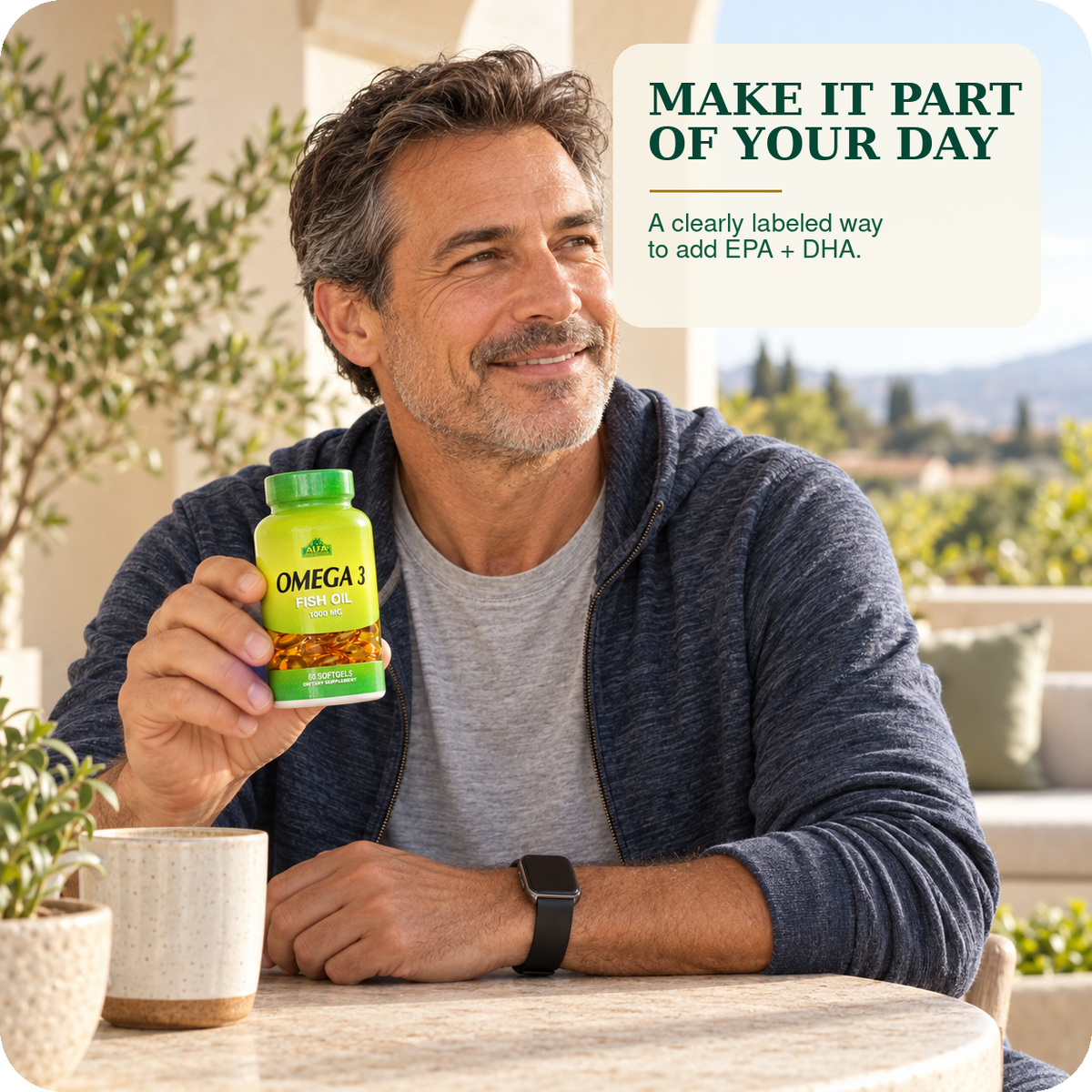 Man holding pictured 60-softgel Alfa Vitamins Omega 3 bottle during a daily routine.