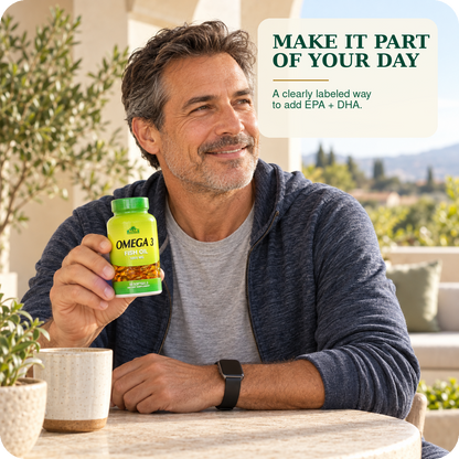 Man holding pictured 60-softgel Alfa Vitamins Omega 3 bottle during a daily routine.