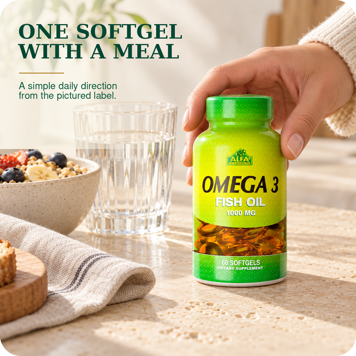 Pictured 60-count Omega 3 directions: one softgel daily, preferably with a meal.