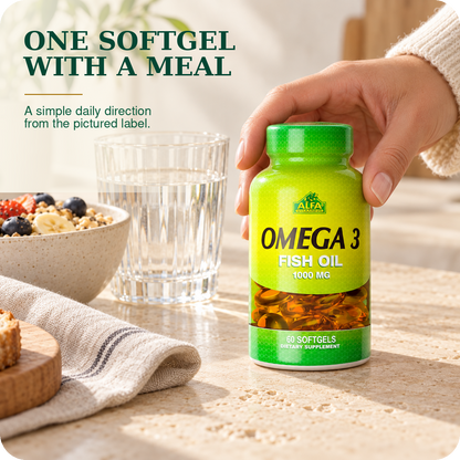 Pictured 60-count Omega 3 directions: one softgel daily, preferably with a meal.