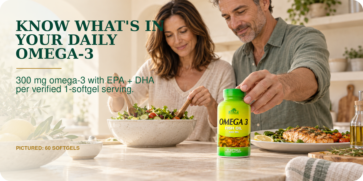 Adults preparing a meal with Alfa Omega 3 Fish Oil 1000 mg, pictured 60-softgel bottle