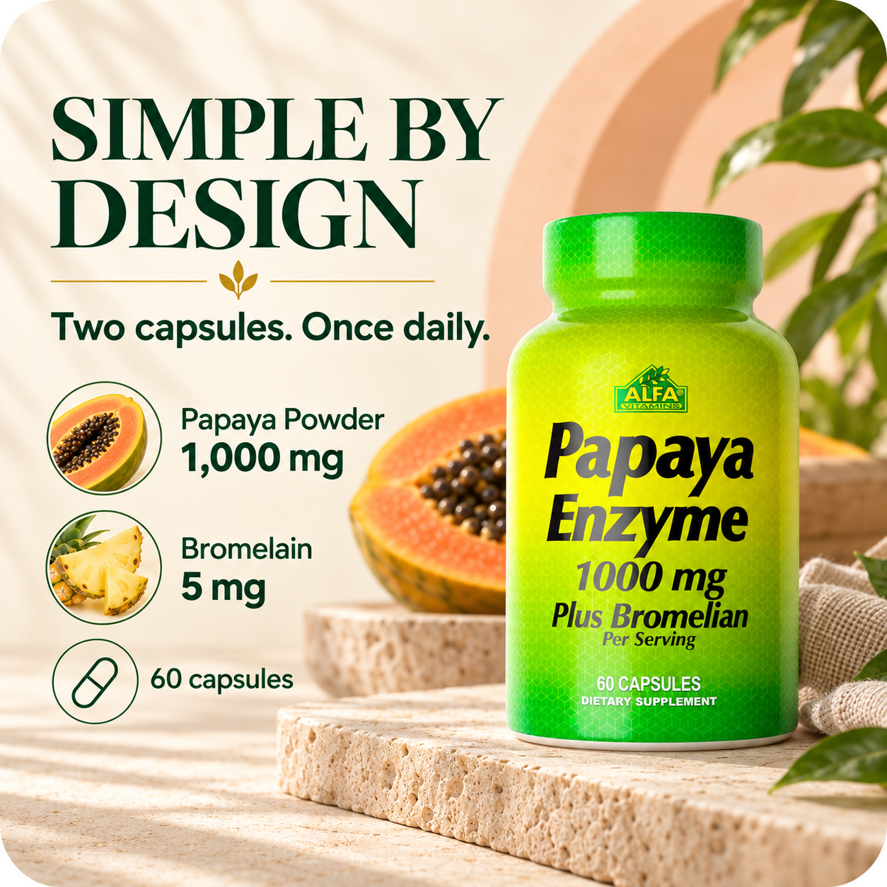 Alfa Vitamins Papaya Enzyme 1000 mg plus Bromelain as a simple addition to a daily routine.