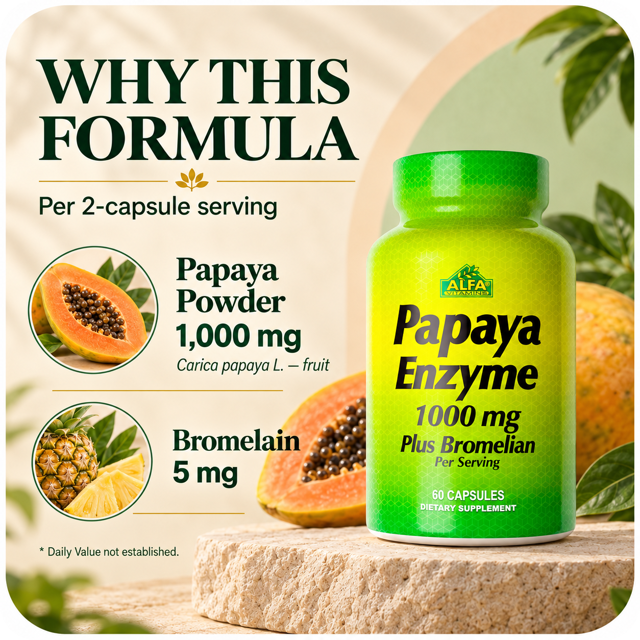 Papaya Enzyme formula: papaya powder 1000 mg and bromelain 5 mg per two-capsule serving.