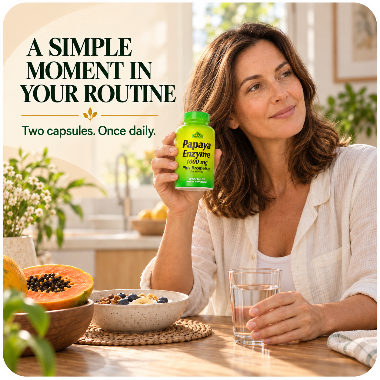 Woman holding Alfa Vitamins Papaya Enzyme beside breakfast and water.