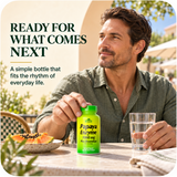 Man with Alfa Vitamins Papaya Enzyme and water during an everyday routine.