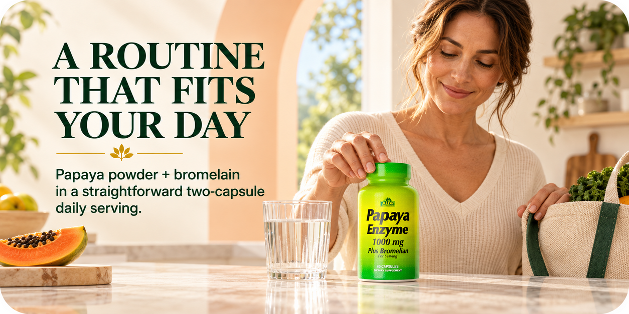 Woman placing Alfa Vitamins Papaya Enzyme beside a glass of water as part of her daily routine