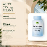 Potassium Gluconate 595 mg explained as 99 mg elemental potassium, 2% Daily Value.