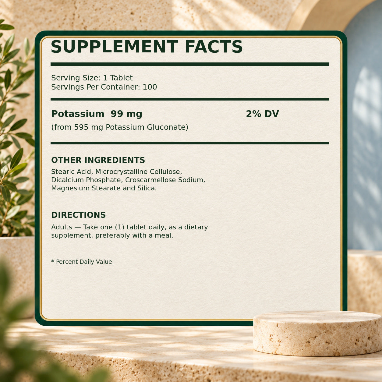Potassium Gluconate verified supplement facts, ingredients and directions.