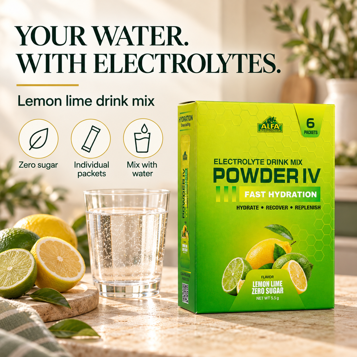 Alfa Powder IV lemon lime electrolyte drink mix with zero sugar and individual packets