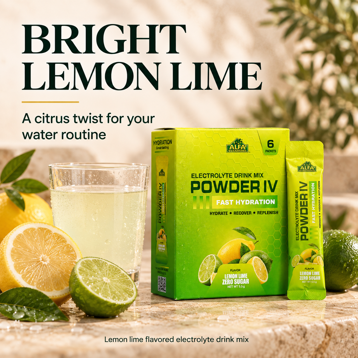 Lemon lime flavored Powder IV drink mix with citrus and a prepared drink