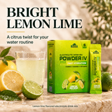 Lemon lime flavored Powder IV drink mix with citrus and a prepared drink