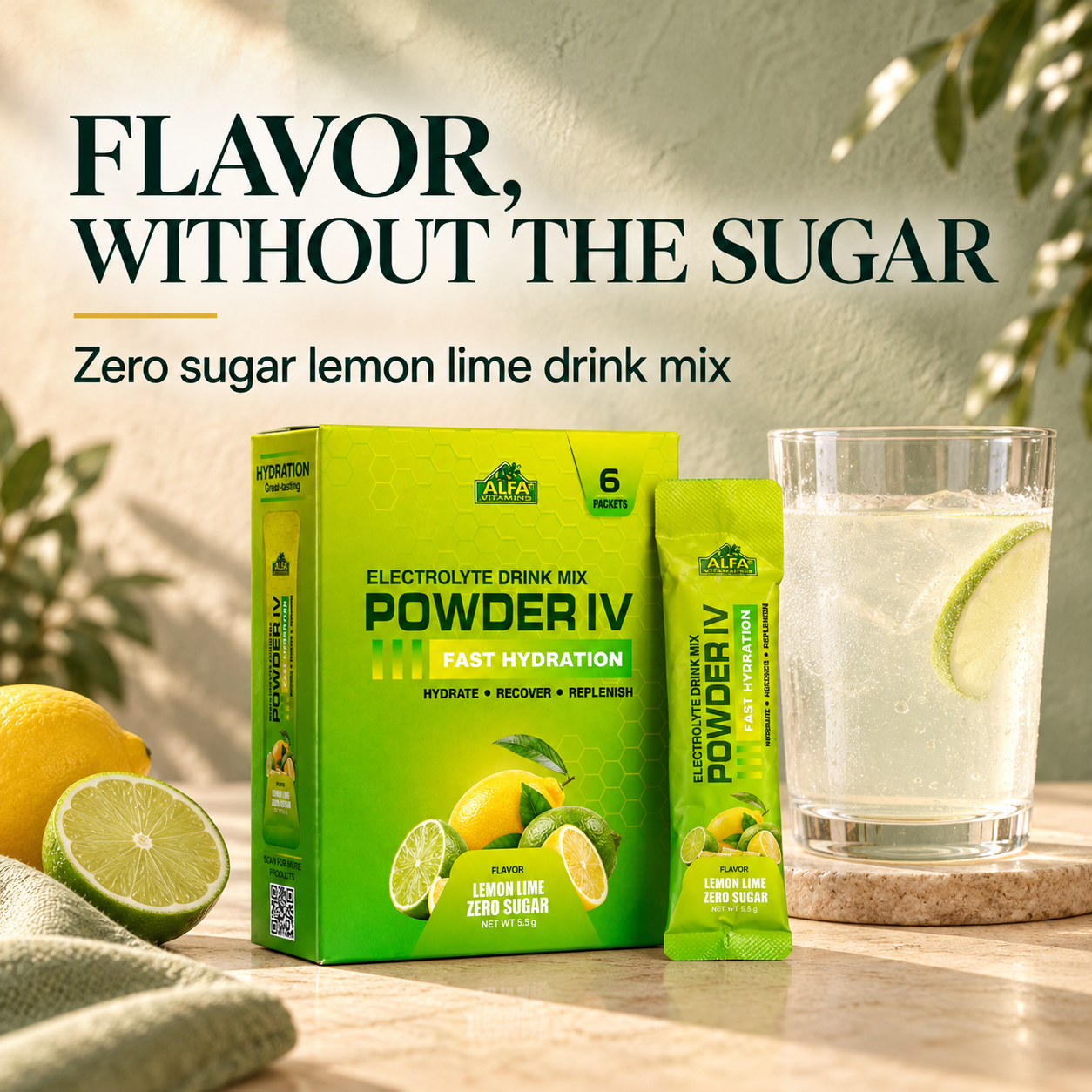 Zero sugar lemon lime Powder IV box and packet