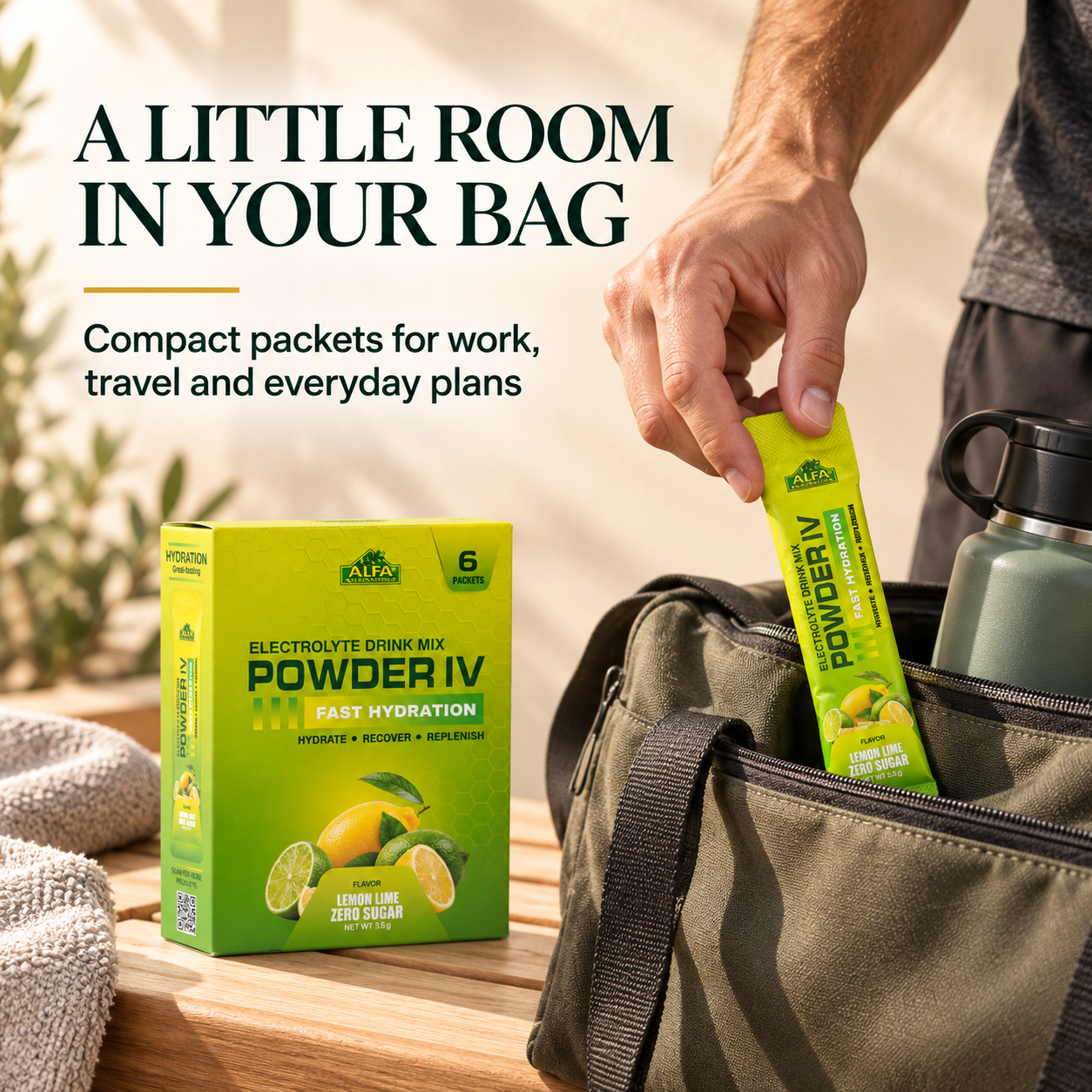 Powder IV individual packet packed in a bag beside a water bottle