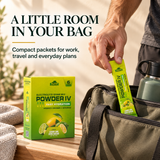 Powder IV individual packet packed in a bag beside a water bottle