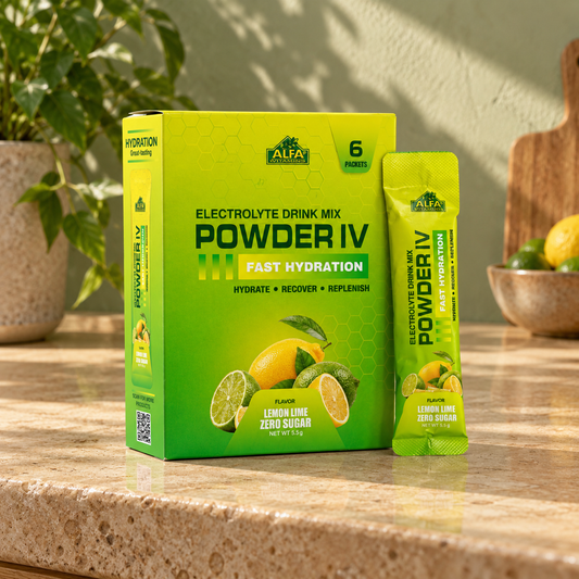 Alfa Powder IV lemon lime box and sachet on sunlit travertine