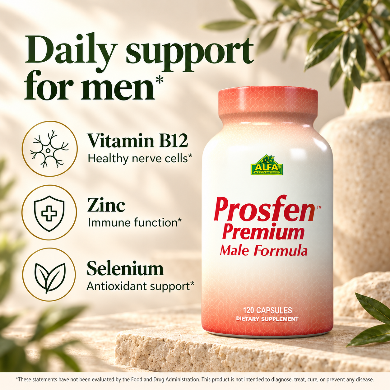 Prosfen 120 capsules: vitamin B12 for healthy nerve cells, zinc for immune function, and selenium for antioxidant support, with benefit disclaimer.