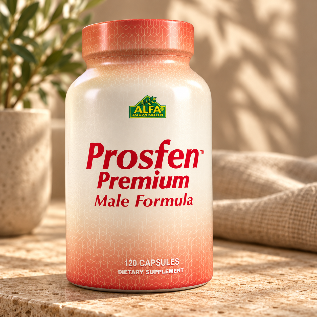 Close view of the Prosfen Premium Male Formula 120-capsule packaging, coral patterned cap and printed label.