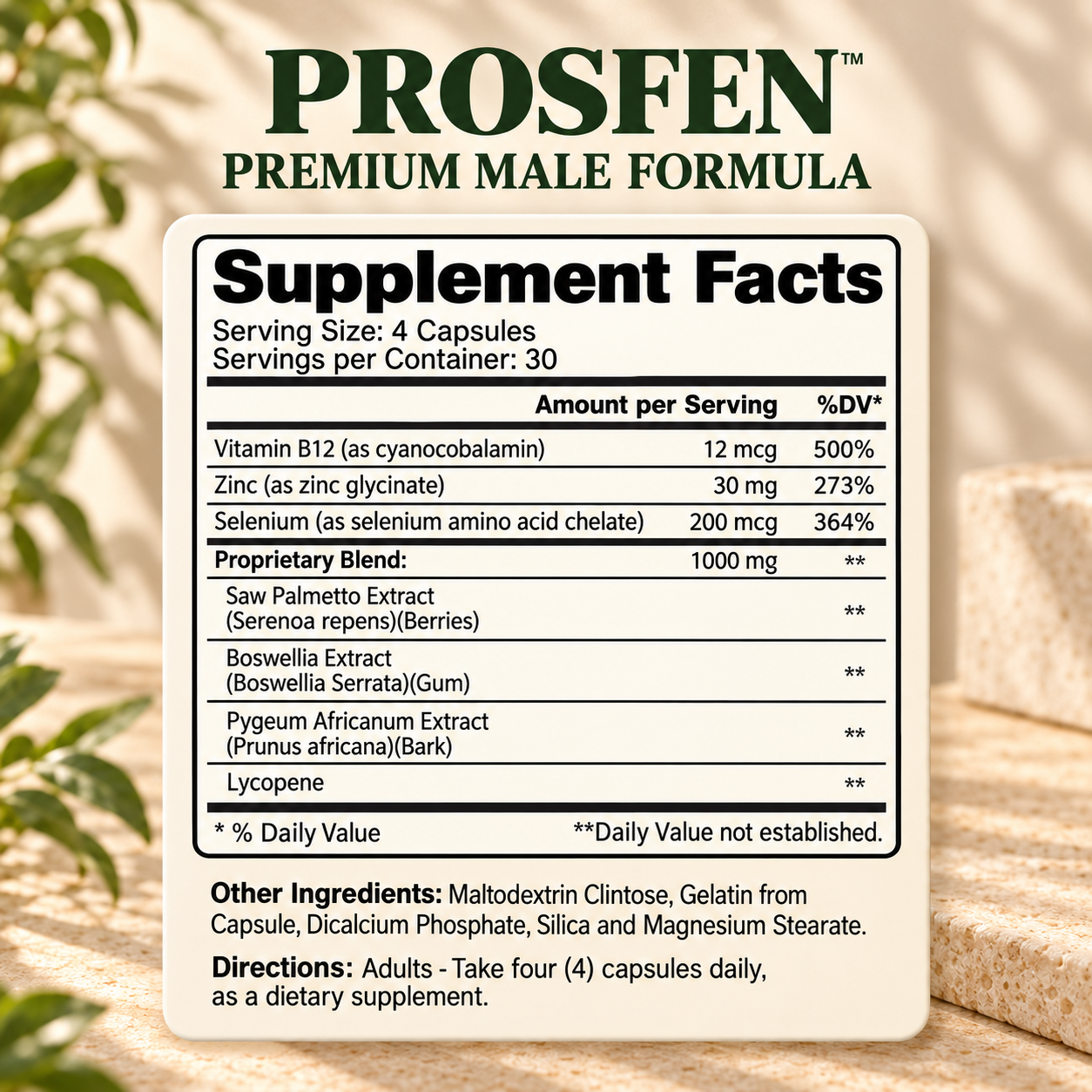 Prosfen 120 Supplement Facts: four capsules per serving, thirty servings per container, complete ingredients and directions.