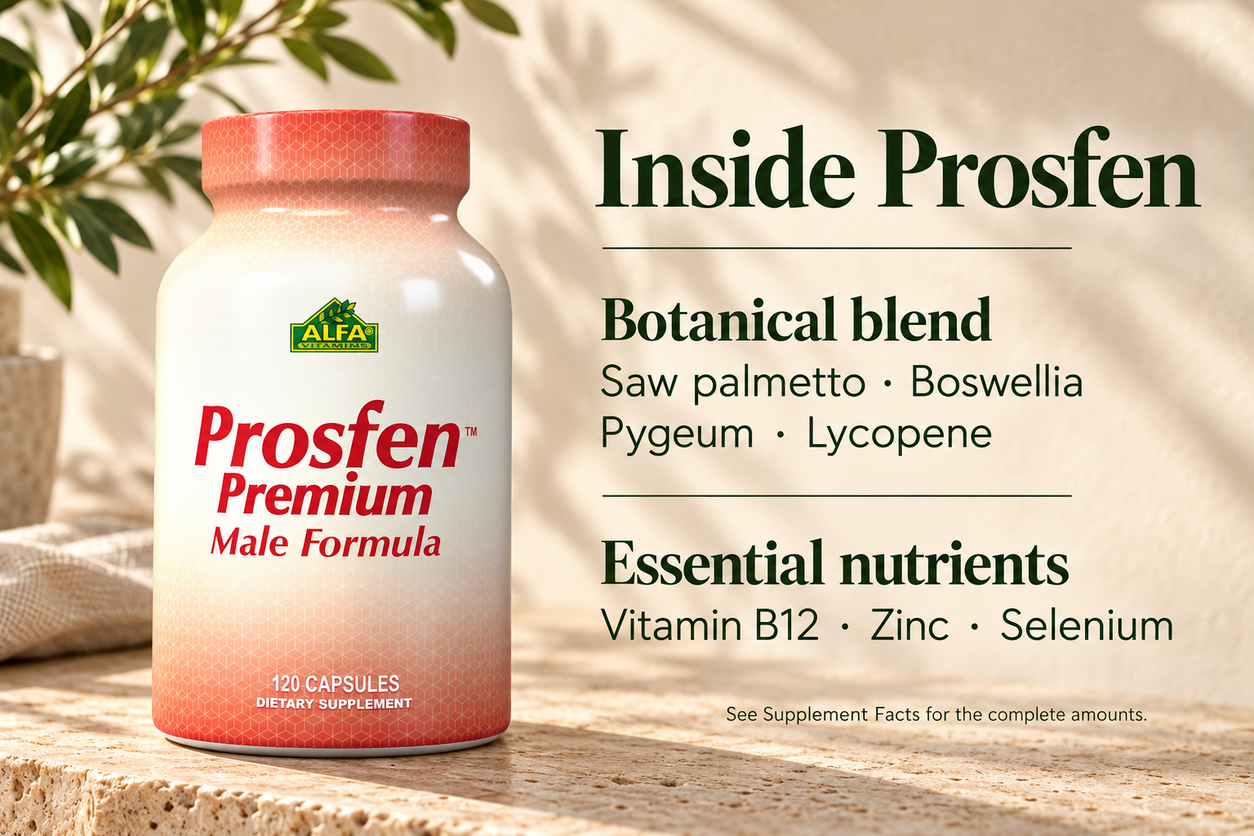 Inside Prosfen: saw palmetto, boswellia, pygeum and lycopene, with vitamin B12, zinc and selenium.