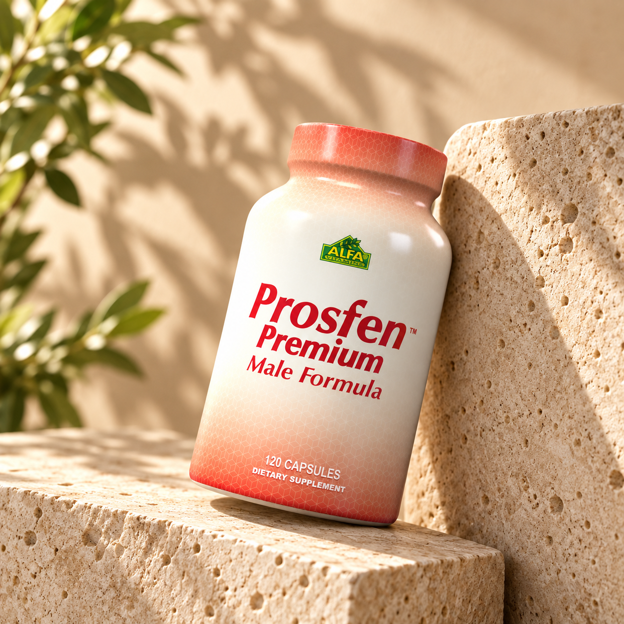 Prosfen Premium Male Formula 120-capsule bottle resting at an angle against warm travertine, with natural shadows.