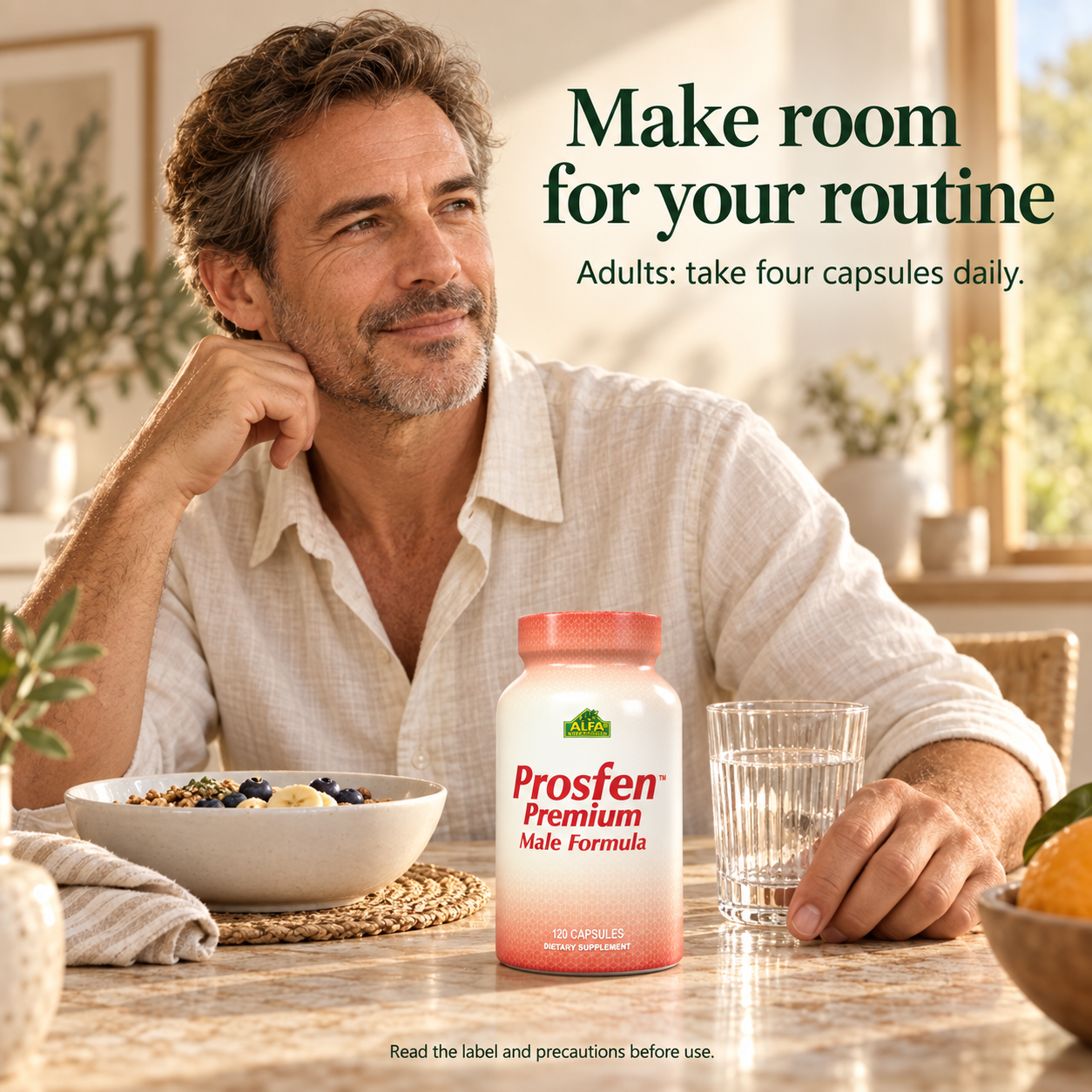 An adult man at breakfast with Prosfen 120 capsules; directions state adults take four capsules daily and read the label and precautions.
