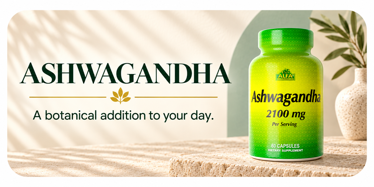 Alfa Vitamins Ashwagandha 2100 mg per serving, 60 capsules, photographed on travertine.