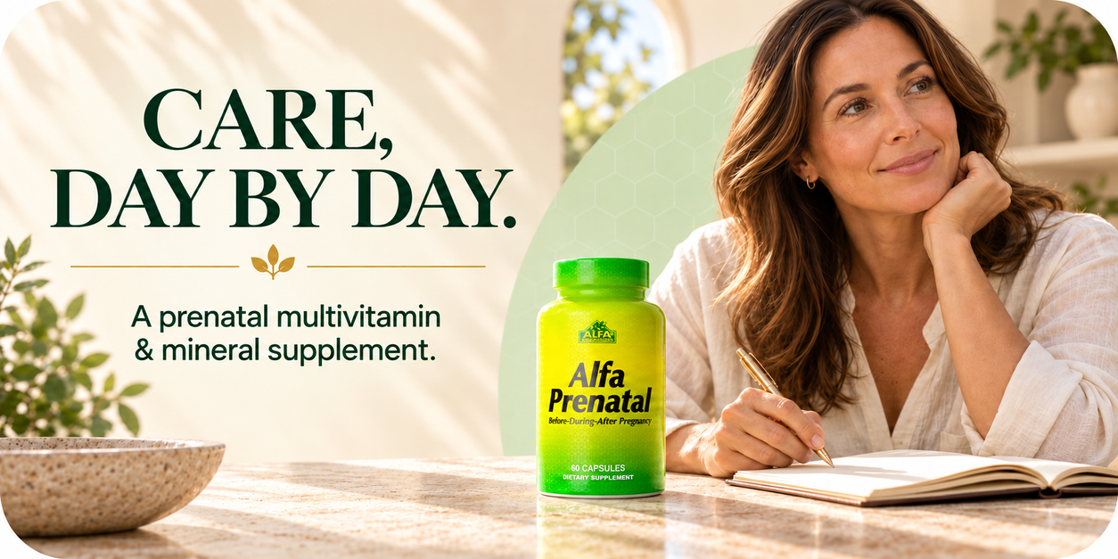 Alfa Prenatal bottle beside an adult woman journaling in a sunlit home