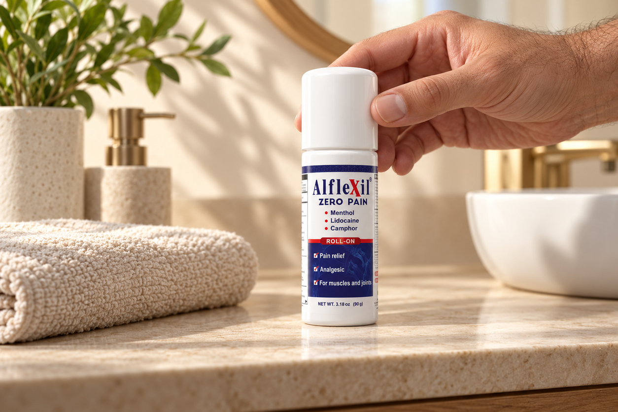Adult handling the closed Alflexil Roll-On bottle on a vanity.
