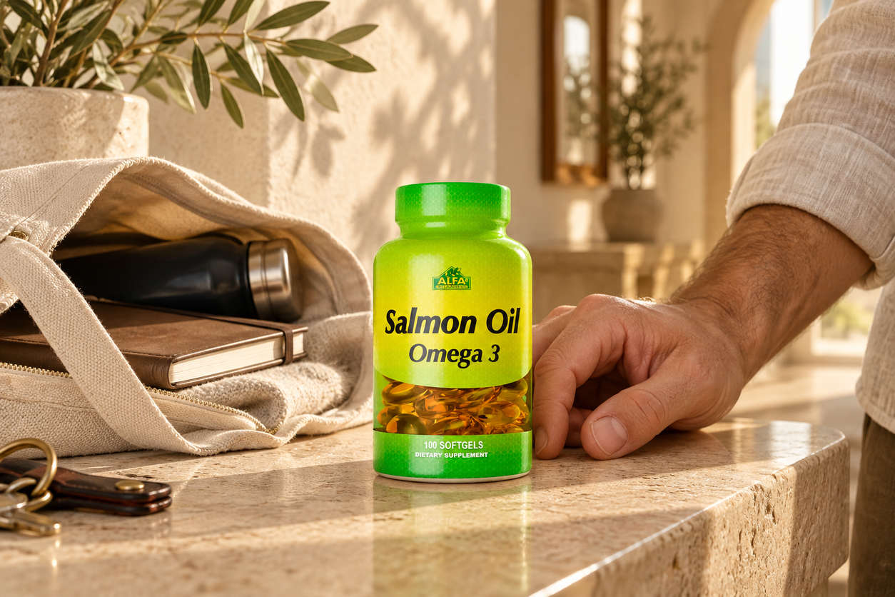 Salmon Oil 100 softgels bottle in a natural everyday setting