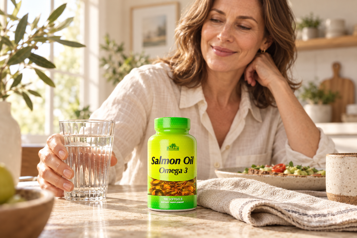 Salmon Oil 100 softgels bottle in a sunlit home routine