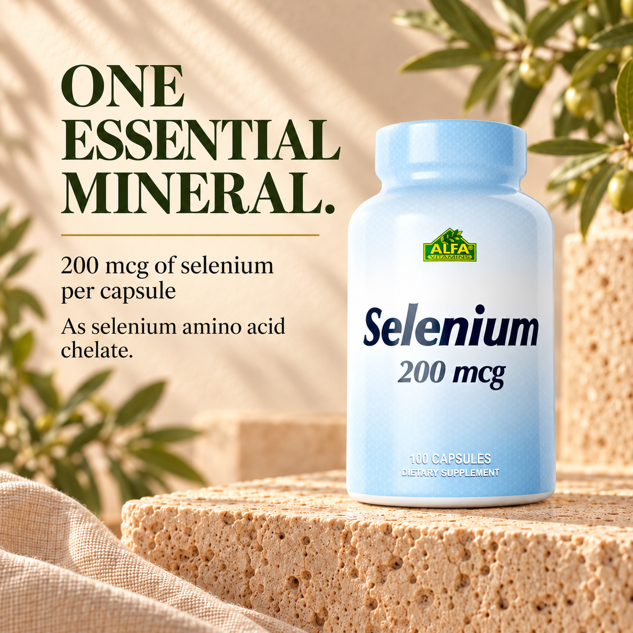 200 mcg of selenium as selenium amino acid chelate per capsule