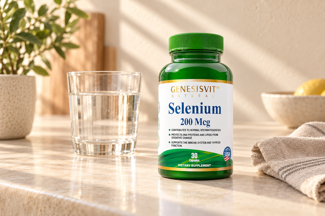 Selenium 200 Mcg (30 Capsules) in a warm naturally lit setting