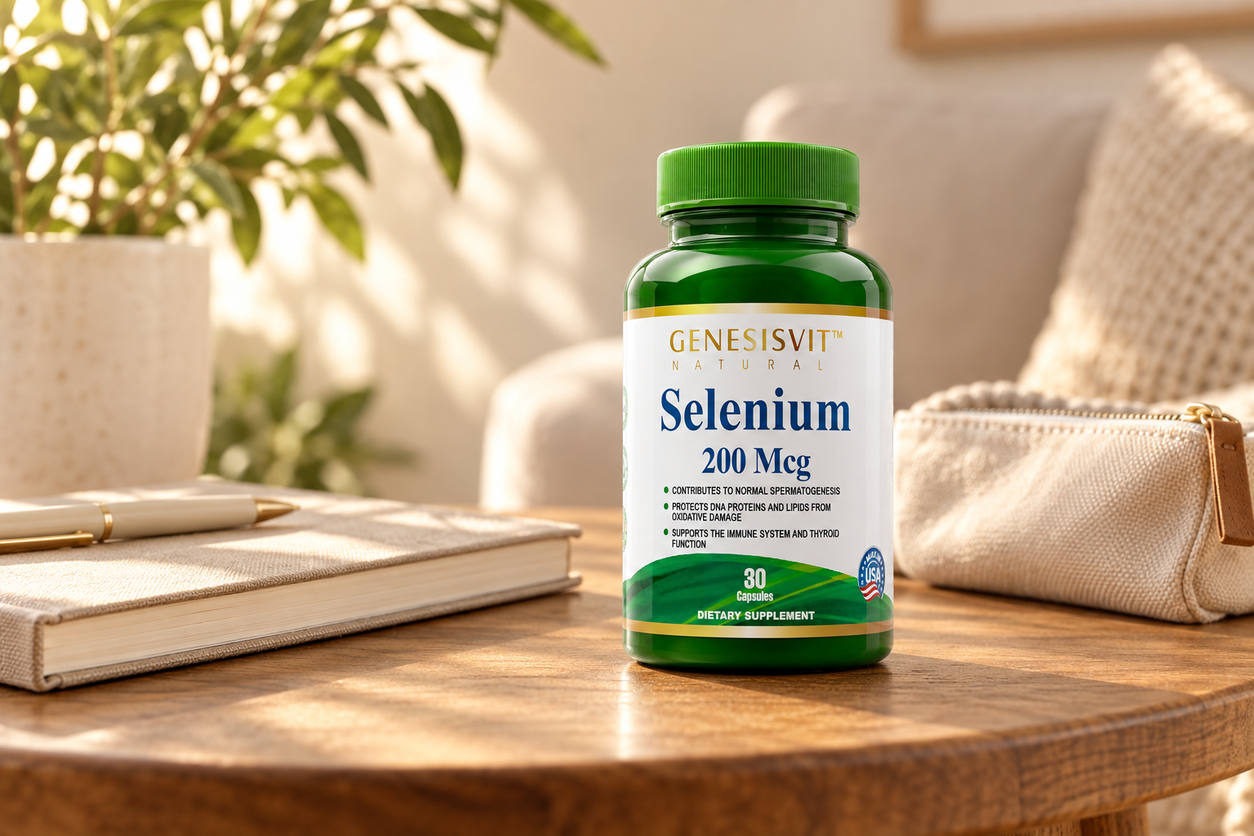 Selenium 200 Mcg (30 Capsules) in a warm naturally lit setting