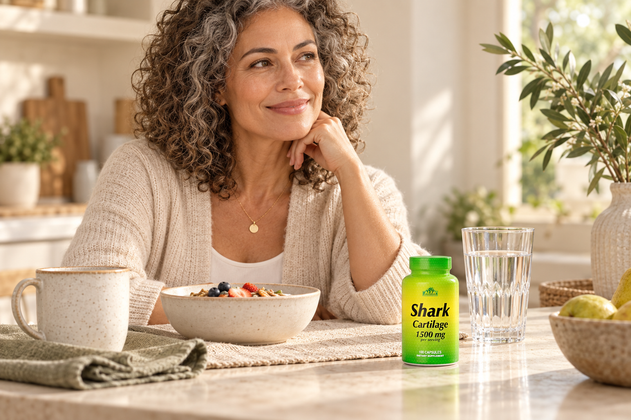 Shark Cartilage 1500 mg - 100 capsules in a quiet everyday setting; text-free lifestyle photograph