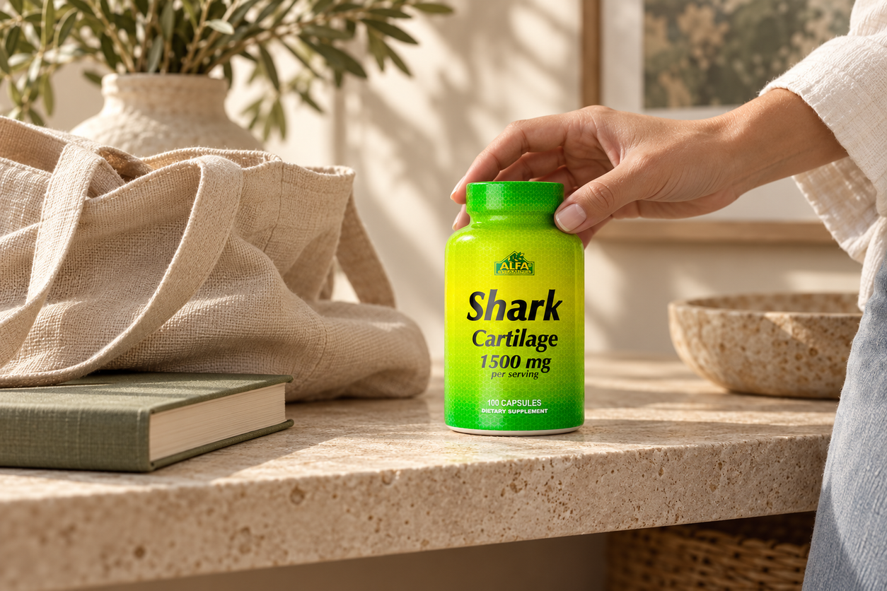 Shark Cartilage 1500 mg - 100 capsules closed bottle in a distinct everyday hand-interaction scene