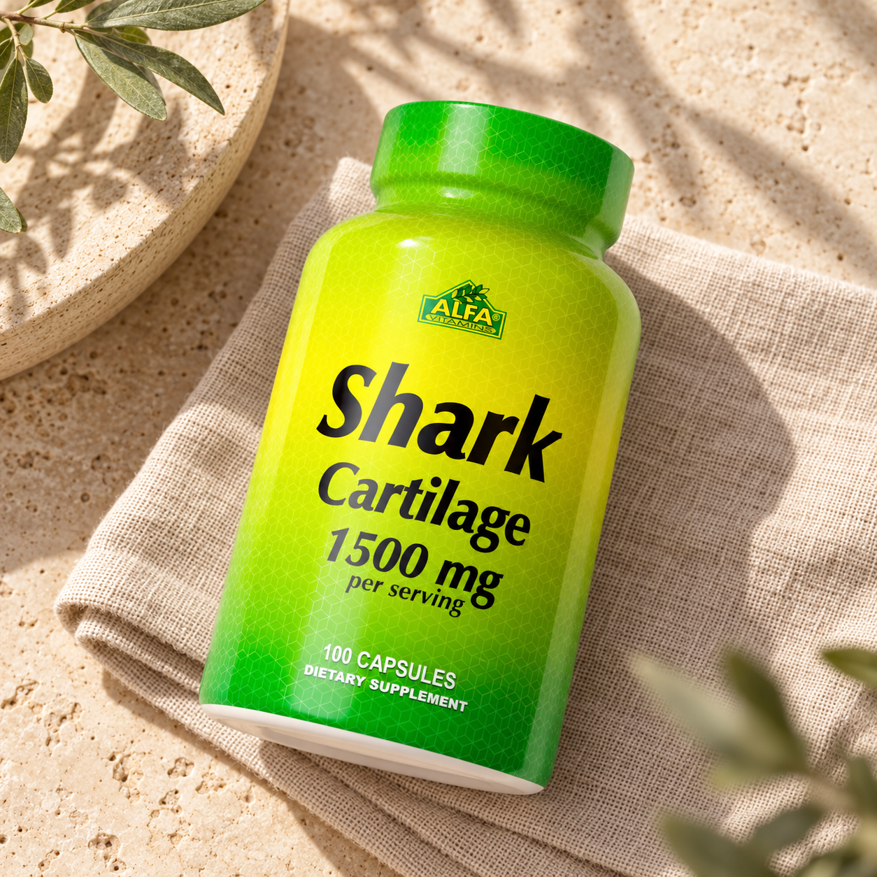Shark Cartilage 1500 mg - 100 capsules authentic front packaging and cap detail on warm linen