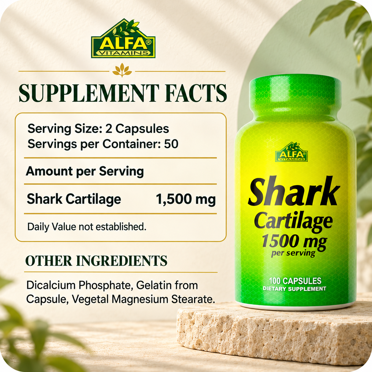 Shark Cartilage Supplement Facts: 1,500 mg per two-capsule serving. Full serving and ingredient details are in the Supplement Facts section below.