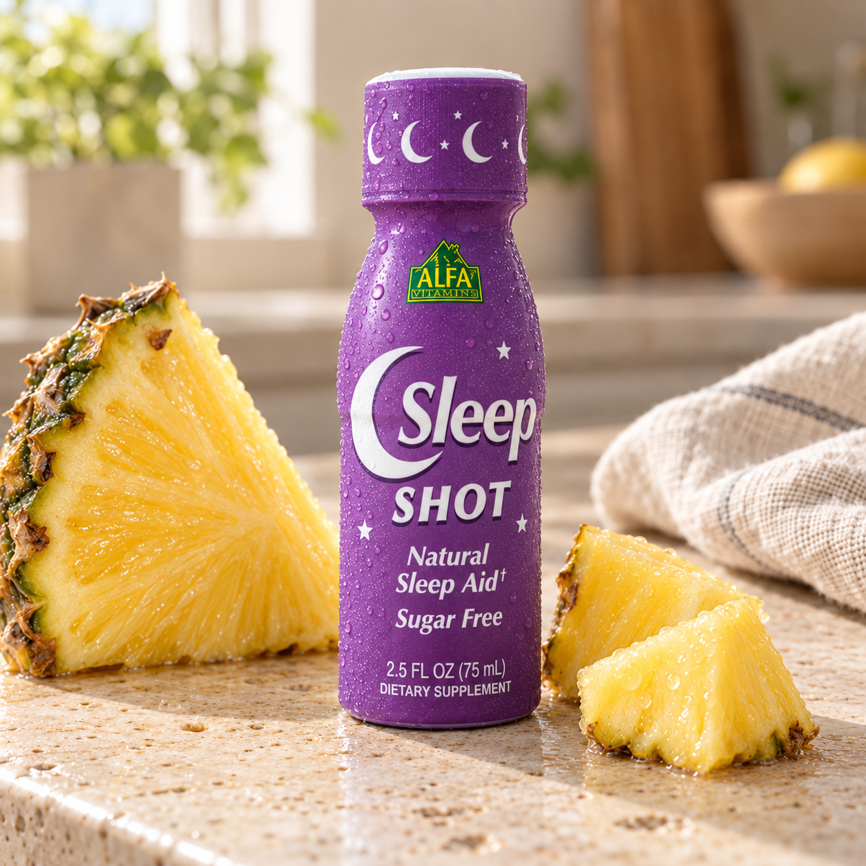 Alfa Sleep Shot with pineapple — bottle close-up on a pale stone counter.