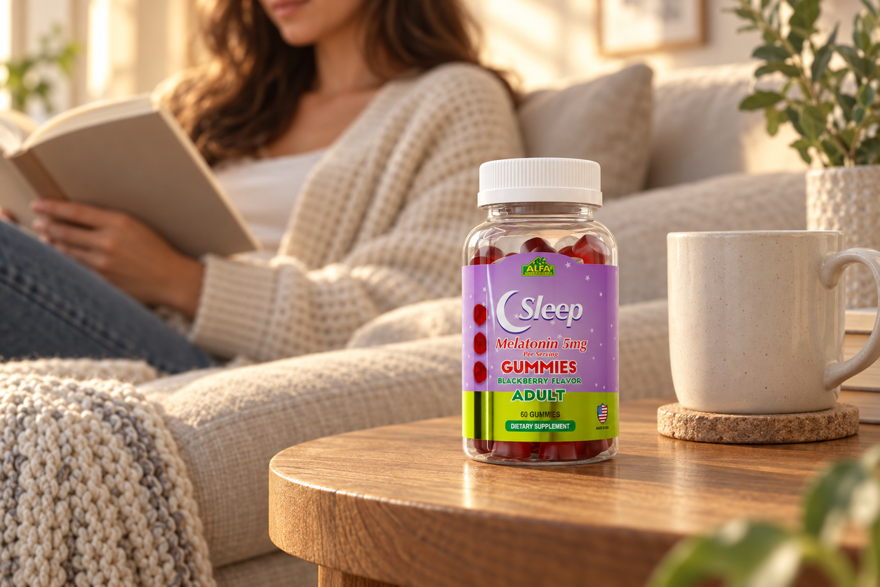 Melatonin Gummies with 5MG - 60 Gummies package in a naturally lit lifestyle scene