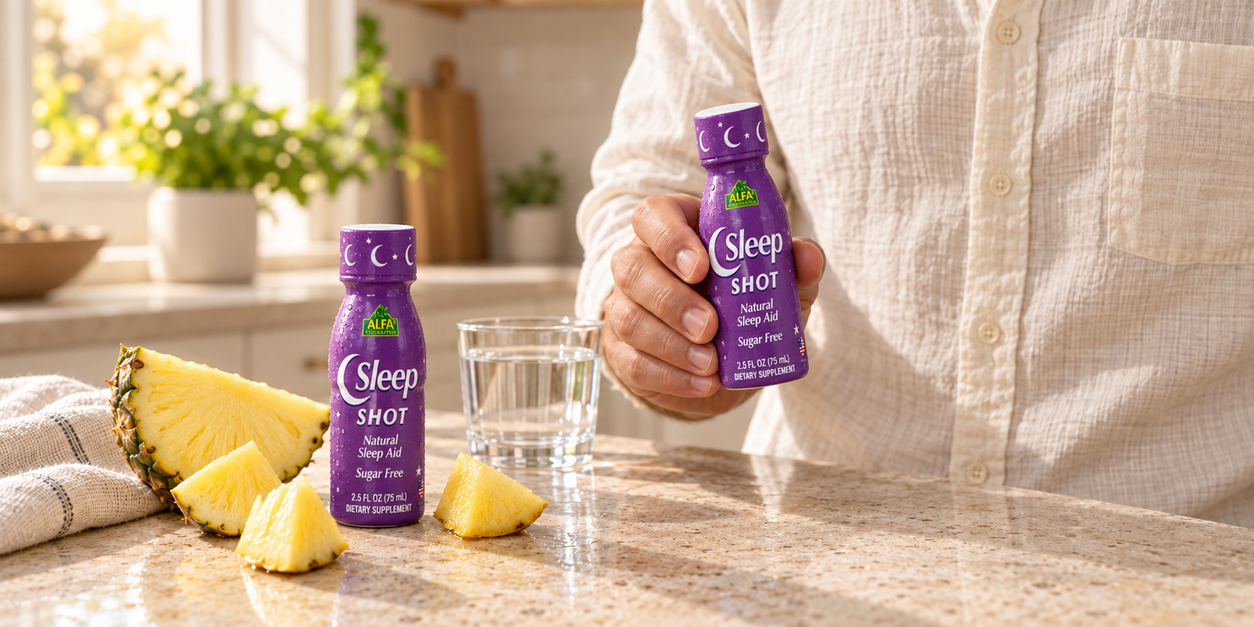 Alfa Sleep Shot with pineapple — hand holding a shot beside a kitchen counter.