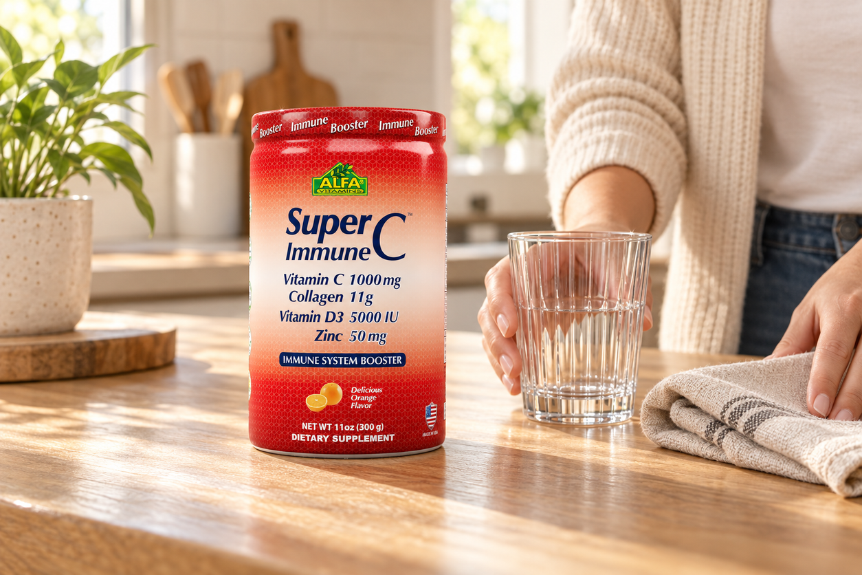 Closed Alfa SuperC Immune canister on a kitchen counter.