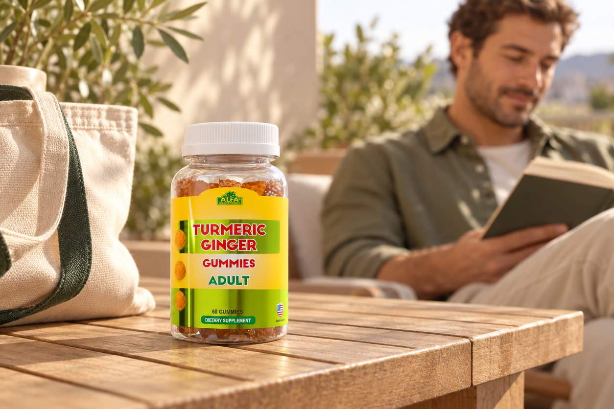 Closed Alfa Turmeric Ginger Gummies Adult bottle on a terrace table.