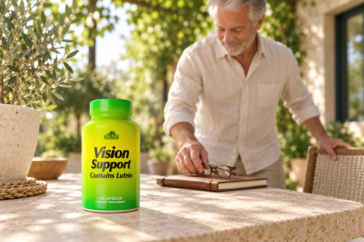 Closed Alfa Vision Support bottle on a shaded garden table.