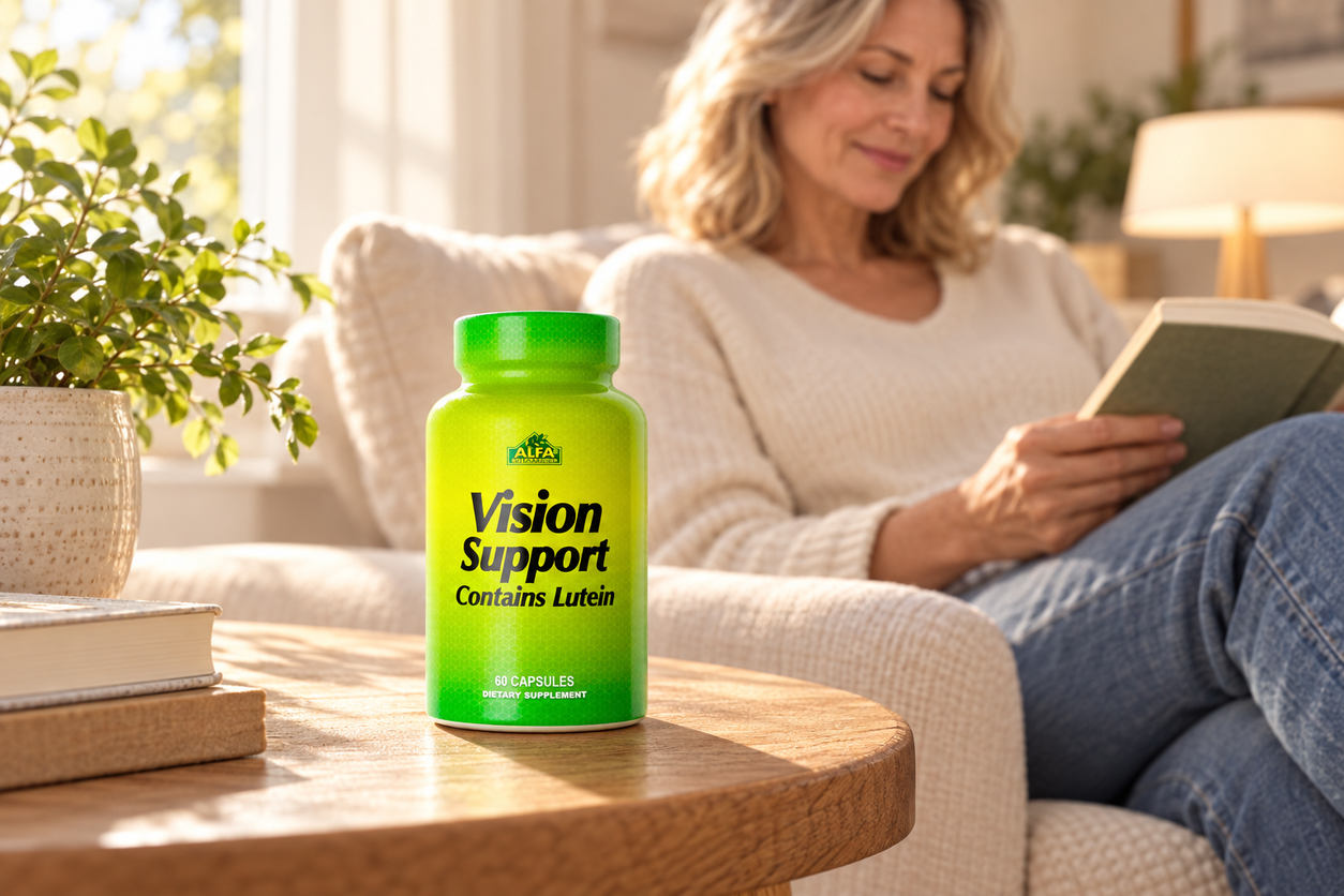 Closed Alfa Vision Support bottle beside an adult reading at home.